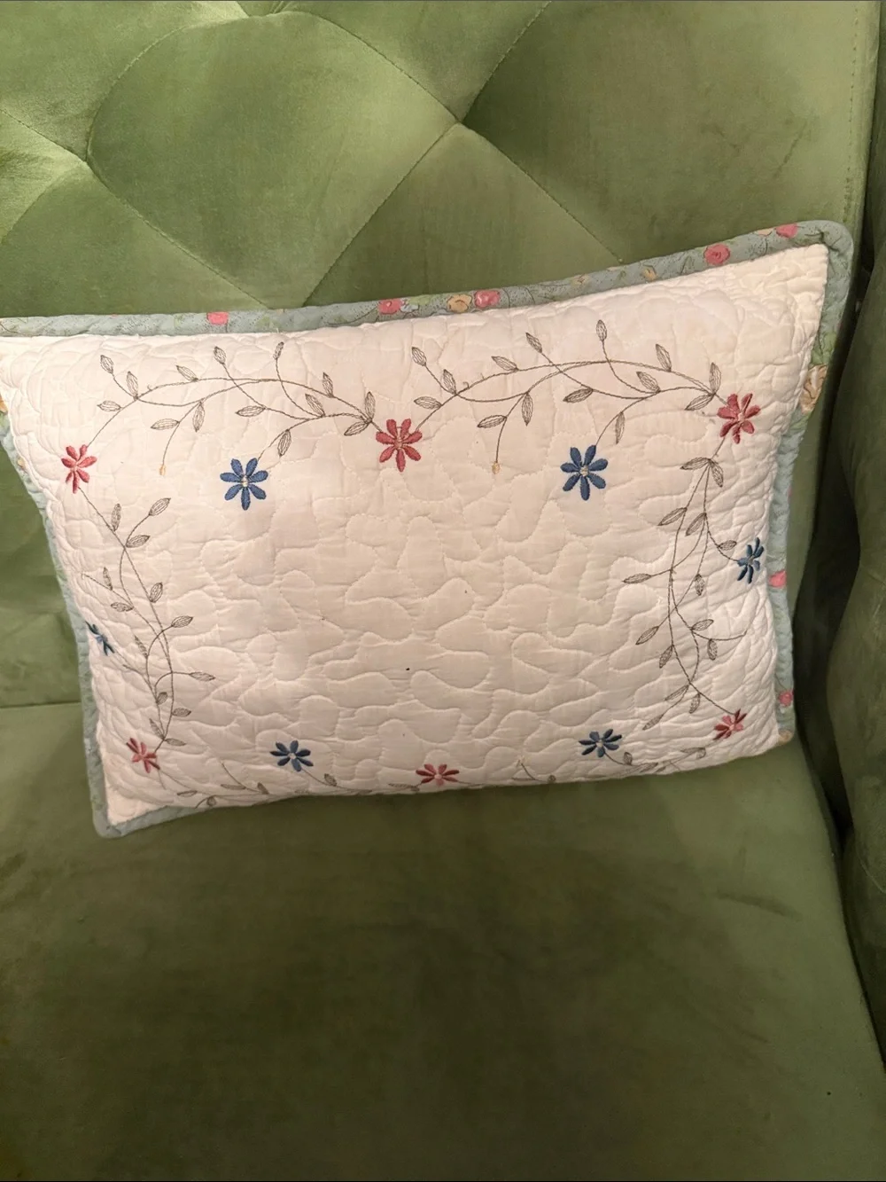 Vintage Patchwork Floral Quilted Pillow in Green, Pink & Blue
